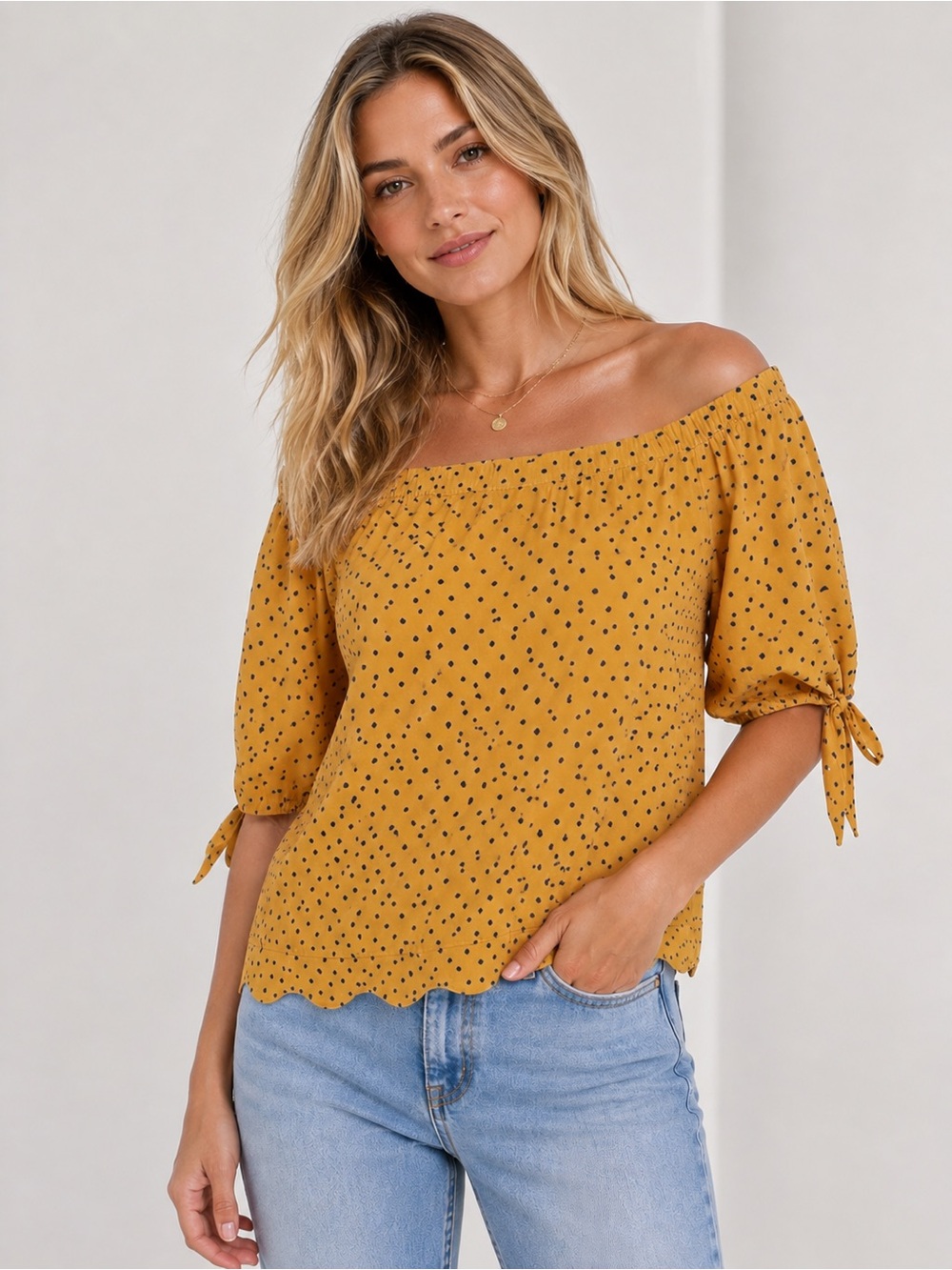 NWT Olivia Grey Off-Shoulder Mustard Dot Blouse with Tie Sleeves